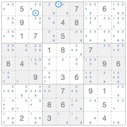Exemplo de número sozinho oculto no Sudoku