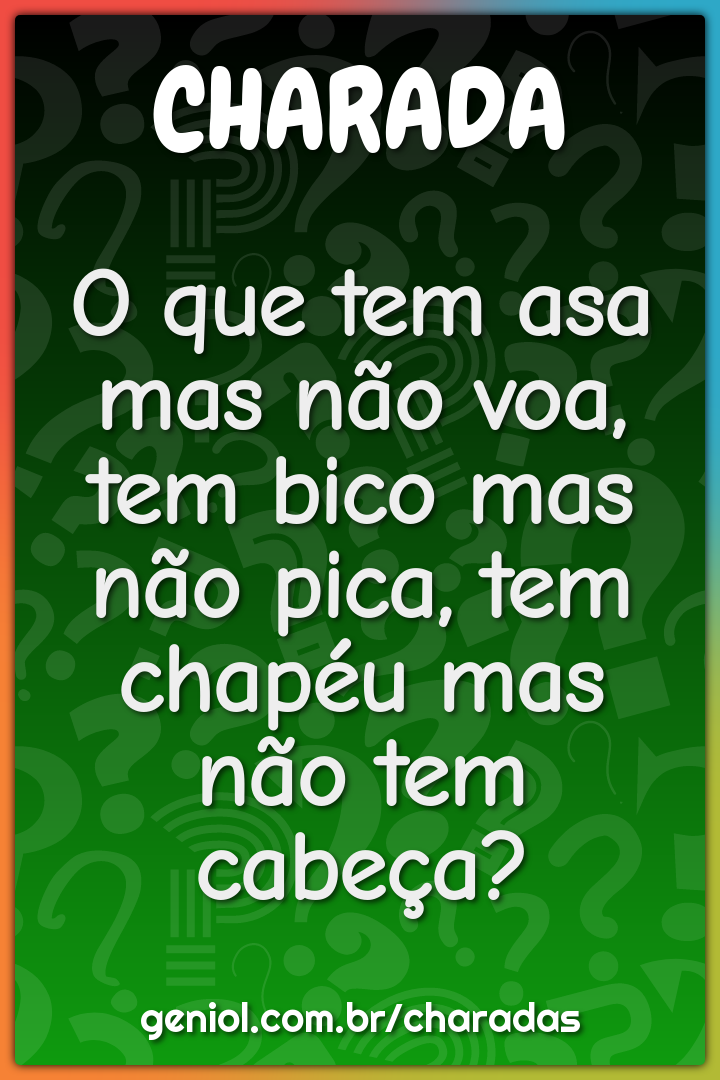 O que tem asa mas não voa, tem bico mas não pica, tem chapéu mas...