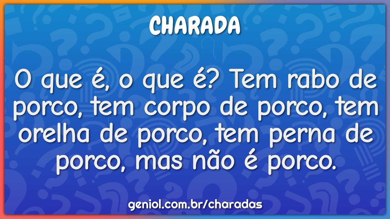 O que é, o que é? Tem rabo de porco, tem corpo de porco, tem orelha de...