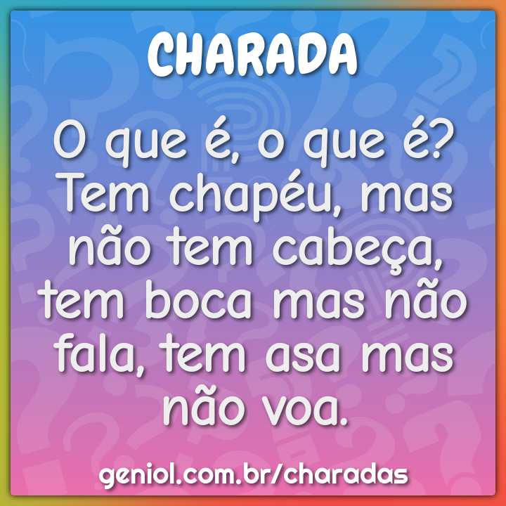 O que é, o que é? Tem chapéu, mas não tem cabeça, tem boca mas não...